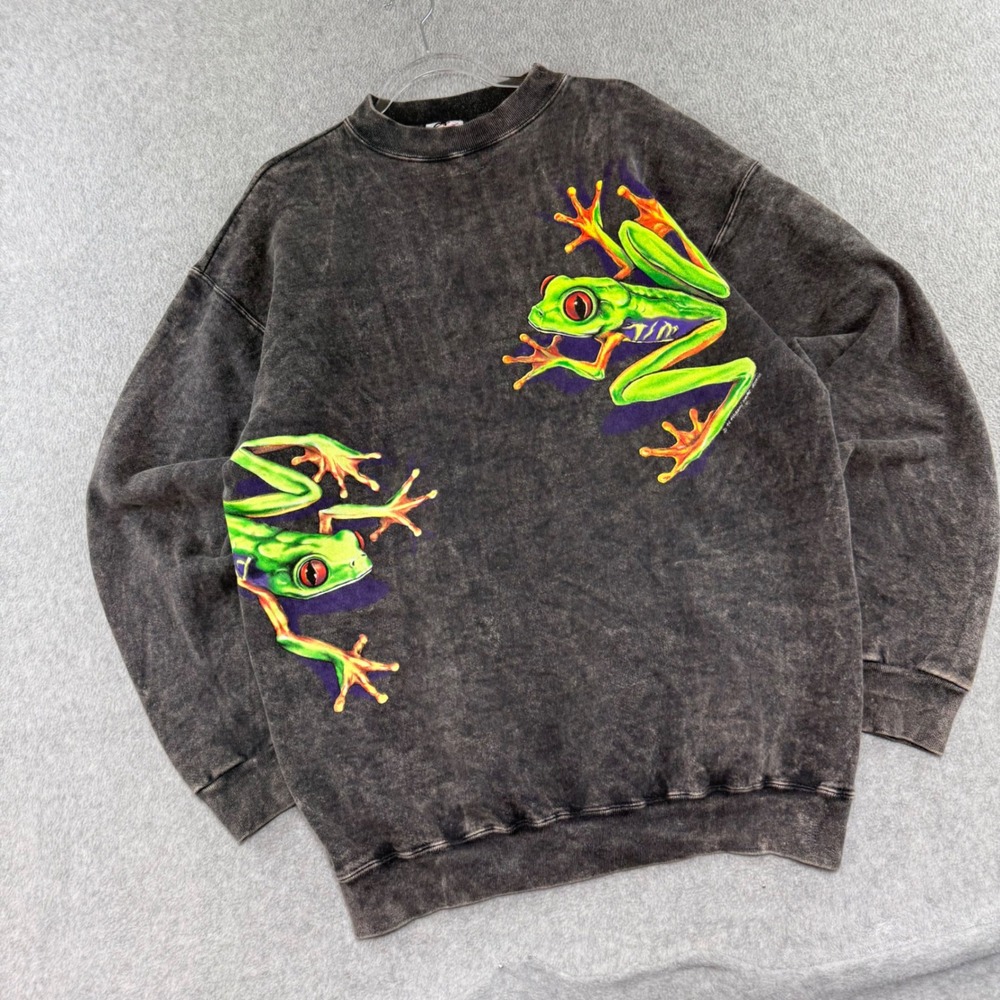 Vintage 90s Harlequin Sweatshirt Mens L Black Acid Wash Tree Frog Graphic USA